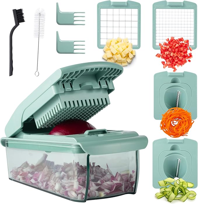 ook with Color Vegetable Chopper - Multifunctional 11 in 1 Vegetable Chopper with Container - Food Chopper to Dice, Chop, Slice, Julienne and Spiralize, Sage