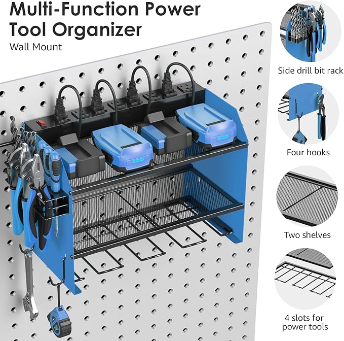 CCCEI Modular Power Tool Organizer Wall Mount with Charging Station. Garage Drill Storage Shelf with Hooks, Heavy Duty Rack, Tool Battery Holder Built in 8 Outlet. Gift for Men. Blue, 1 Pack.