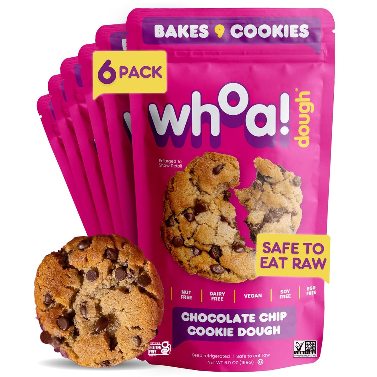Whoa Dough Ready to Bake Cookie Dough Chocolate Chip – Certified Non-GMO, Kosher, Gluten Free – Plant-Based Snack Dough Made with Real Ingredients – 6 Pack