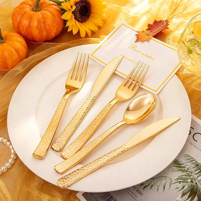 KIRE 400PCS Gold Plastic Silverware - Extra Heavy Duty Hammered Silverware Disposable Set, Gold Utensils Set Include 200 Forks,100 Knives,100 Spoons for Thanksgiving Party, Wedding