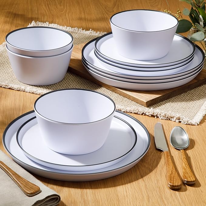 Gibson Home Folsom Shores 12 Piece Unbreakable Modern Melamine Plates and Bowls Dinnerware Set - Outdoor, Camping, & Everyday Use - White W/Black Rim