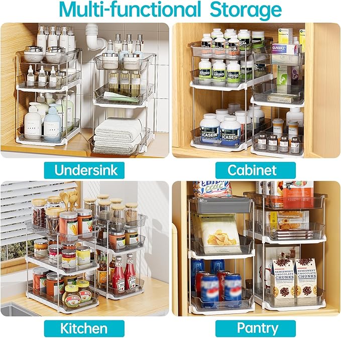 Delamu 2 Pack 3-Tier Bathroom Under Sink Organizers and Storage, Multi-Purpose Stackable Pantry Organization and Storage, Pull Out Clear Kitchen Bathroom Cabinet Organizer with Movable Dividers, Grey