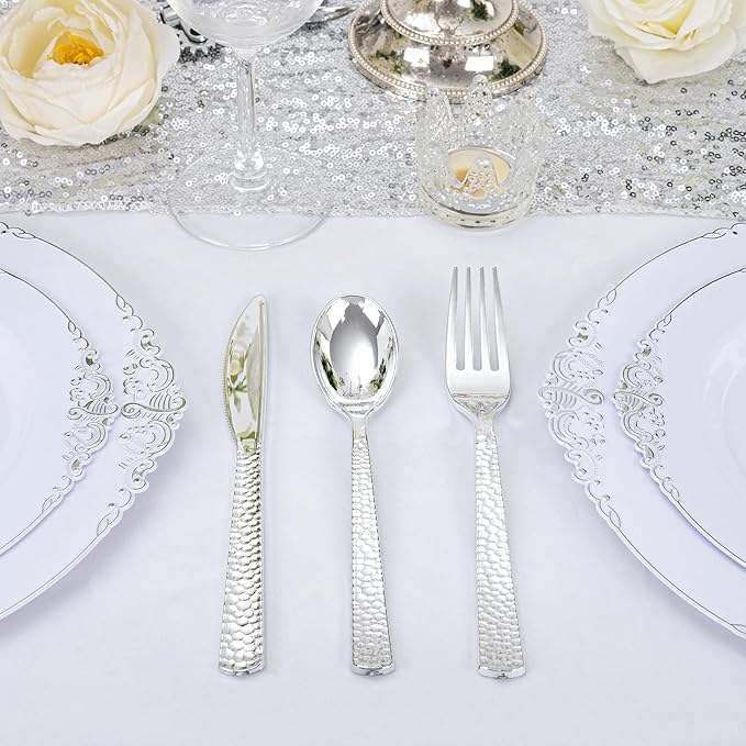 300Pieces Silver Plastic Silverware - Hammered Disposable Utensils - Heavy Duty Plastic Cutlery Set Includes 100 Forks, 100 Spoons, 100 Knives for Dinner Parties Weddings