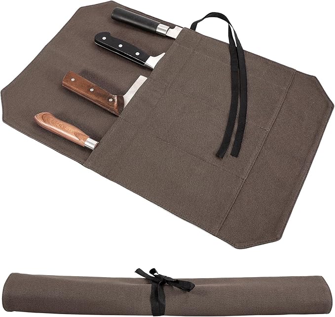 HERSENT A Chef's Knife Roll Bag - Portable Travel Chef Knife Case Carrier Holder Storage Bag With 4 Slots Best Gift For Pro Chef Or Culinary Enthusiasts Men Women HGJ03-P (Coffee)