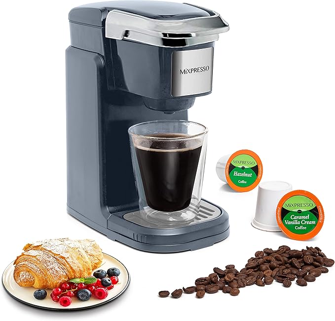 Mixpresso Single Cup Coffee Brewer - Quick Brew, One Touch Function, 12oz One Cup Grey Coffee Maker