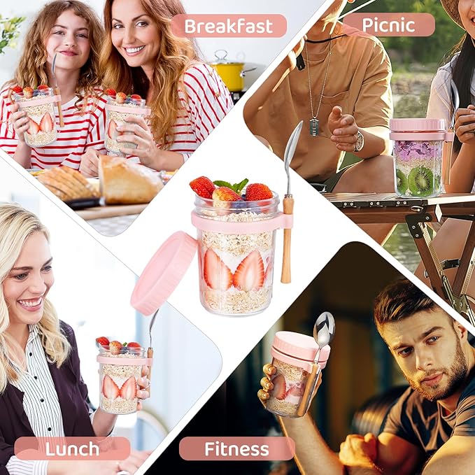16oz - 2 Pack Overnight Oats Jars with Lids and Spoon, Overnight Oats Container with Lids, Airtigh Oatmeal Containers with Measurement Marks, Wide Mouth Mason Jars for Salad, Cereal - Pink & White