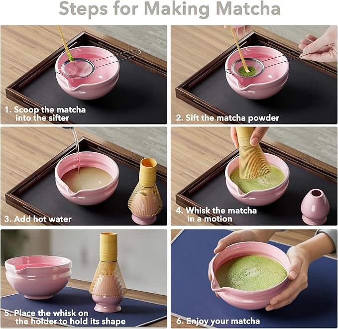 7 Pcs Matcha Whisk Set, Perfect Matcha Kit for Matcha Lovers Includes Ceramic Bowl, Bamboo Whisk, Holder, Scoop, Sifter & Cloth