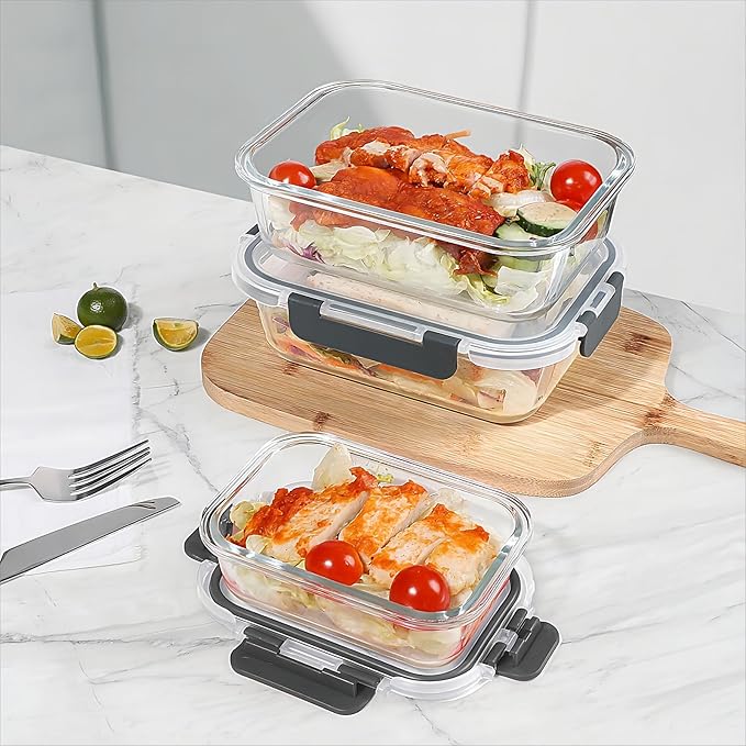 BAYZZ 10 Pack Glass Meal Prep Containers, Glass Food Storage Containers with Lids, Airtight Lunch Box, Freezer,Oven,Microwave and Dishwasher Safe