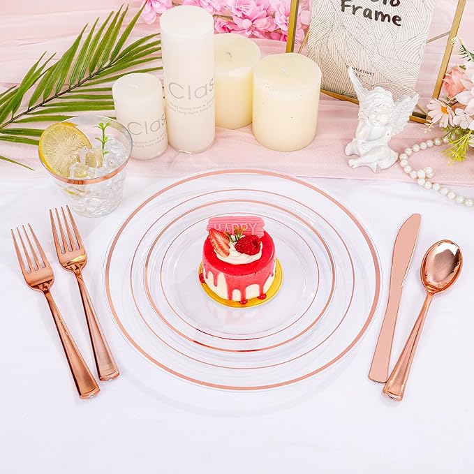 bUCLA 300PCS Clear Rose Gold Plastic Dinnerware - Rose Gold Disposable Dinnerware Set Include 50 Dinner Plates,50 Dessert Plates,50 Knives,50 Forks,50 Spoons,50 Cups for Party, Wedding & Mother’s Day
