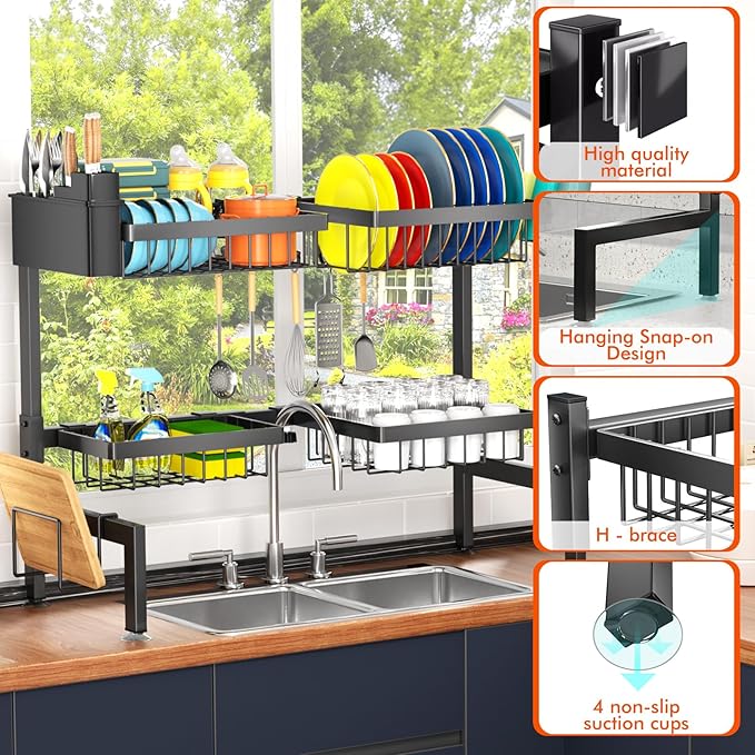 YKLSLH 4 Baskets Over The Sink Dish Drying Rack, Extendable Large Capacity Sink Rack, Metal Drying Rack Saving Space,for Most Sinks (26.57"-35")