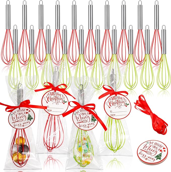 24 Sets 10 Inch Christmas Whisks Gifts DIY Fillable Christmas Tree Ornaments Xmas Colored Silicone Whisks for Cooking Heat Resistant Egg Beaters with Card Rope Bag for Candy Holder