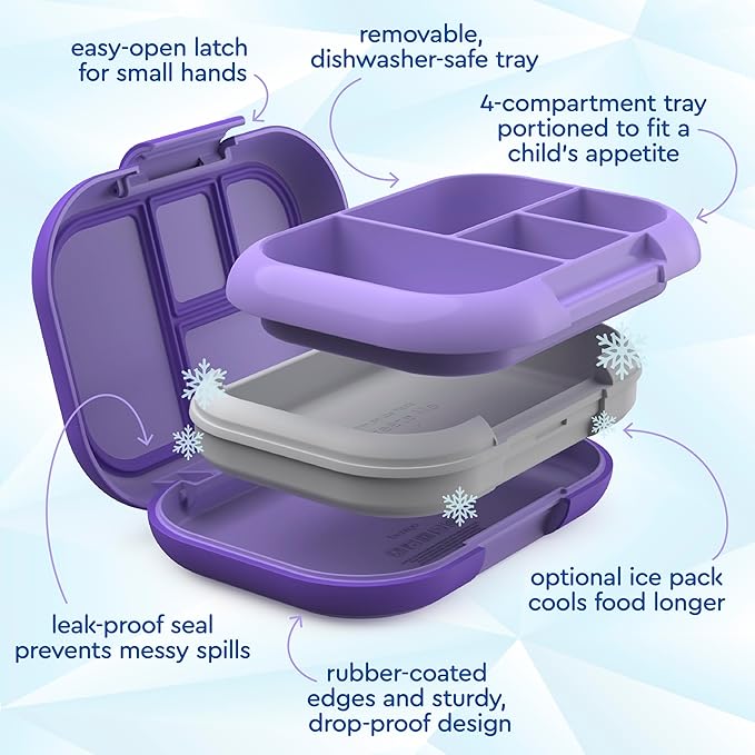 Bentgo Chill Kids Leak-Proof Lunch Box - 4-Compartment Bento Box with Built-In Ice Pack, 3.3 Cup Capacity, PFAS & BPA-Free, Microwave & Dishwasher Safe, Ideal Size for Ages 3 to 7 (Purple)