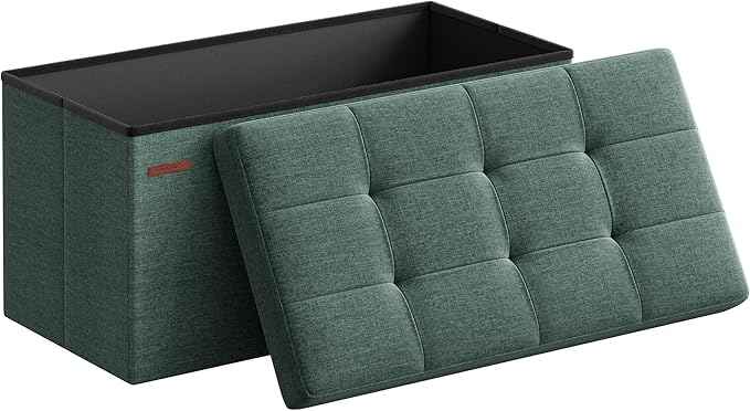 SONGMICS Mazie Collection - 30 Inches Folding Storage Ottoman Bench, Ottoman Foot Rest, End of Bed Bench, Storage Chest, Load 660 lb, for Living Room, Bedroom, Entryway, Retro Green ULSF047C01