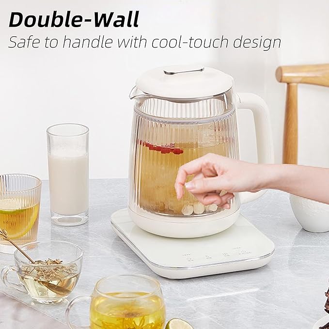 Health Pot, 1.5L Double-Layer Glass Electric Kettle with Stew Pot, 9-in-1 Multi-Function Tea Maker for Soup, Porridge, Herbal Tea, Stainless Steel Base, Glass Touch Panel, Programmable