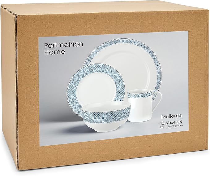Portmeirion Home Mallorca 16 Piece Porcelain Dinnerware Set with Blue Geometric Border, 4 Place Settings - Ideal for Weekday Meals, Casual Brunches, Relaxed Dinner Parties, Small Family Celebrations