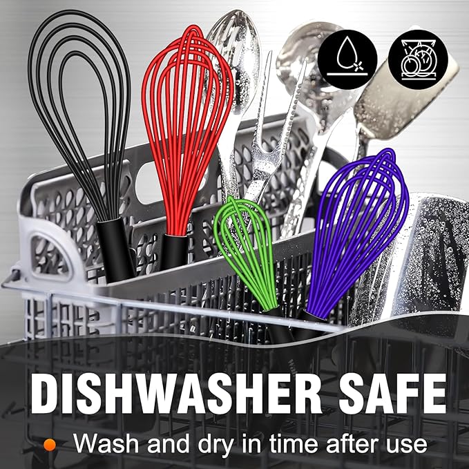 Walfos Whisk,Whisks for Cooking Non Scratch.Silicone Whisk Set of 4 Kitchen Wisk-11in Flat wisk and 7+9+11in Balloon Whisk.Nice for Mixing,Whisking and Stirring.Dishwasher Safe.(4pcs-Colorful)