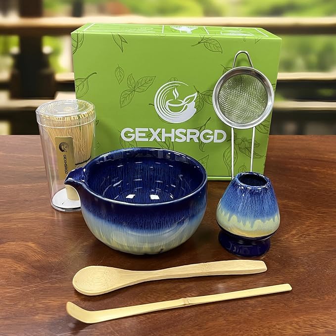 Matcha Whisk Set 6 pc Kit - Traditional Japanese Chasen, Bamboo Whisk Holder, Ceramic Bowl with Spout, Sifter & 2 pc Spoons - matcha kit set, Gift for Matcha Tea Lovers (Gradient Blue)