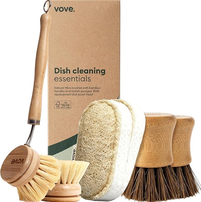 Vove Cleaning Essentials Set – Bamboo Dish Brush with Replacement Head, 2 Scrub Brushes, 2 Scrub Sponges – FSC Certified, Plastic-Free, Natural Bristles & Loofah – Eco-Friendly Kitchen Cleaning Kit
