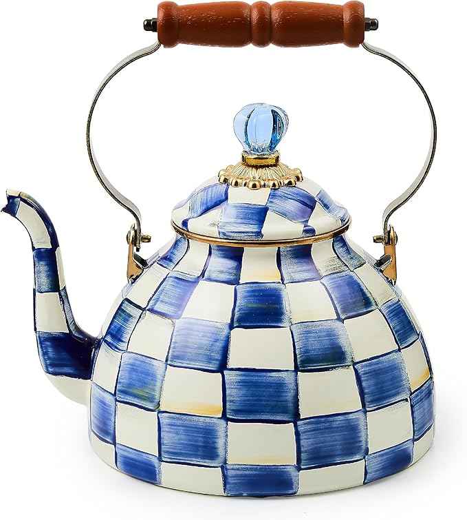 MACKENZIE-CHILDS Enamel Tea Kettle, Stylish Tea Kettle for Stovetop, Blue-and-White Royal Check, 3 Quarts