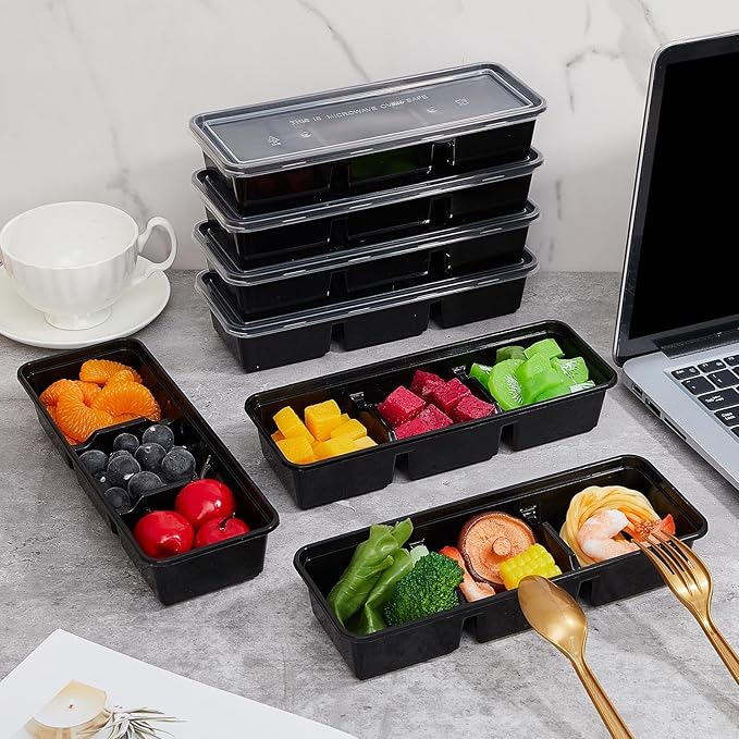 Hushee 10 Pack 17 oz Small Meal Prep Containers with 3 Compartments Snack Containers with Lid Disposable Plastic Bento Box Travel Lunch Food Boxes Stackable for Office Picnic (Black)