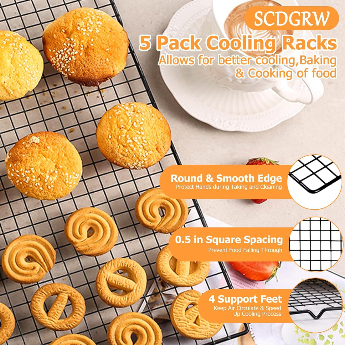 5PCS Cooling Racks for Cooking and Baking - 10" x 16" Wire Rack Baking Rack, Oven Cooking Rack, Heavy Duty Baking Rack for Grilling. Roasting, Cooking, Drying