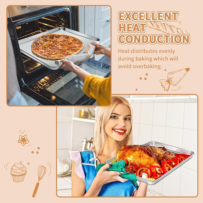 Stainless Steel Baking Sheet Set of 2, Deedro Cookie Sheet Metal Baking Pan Oven Tray, Non Toxic & Heavy Duty, Rust Free & Mirror Finish, Easy Clean & Dishwasher Safe, 17.3 x 12.3 x 1 Inch