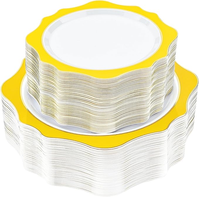 100 PCS White and Yellow Disposable Plates for 50 Guests, Scalloped Plastic Plates Include 50 Dinner Plates and 50 Dessert Plates for Party, Wedding