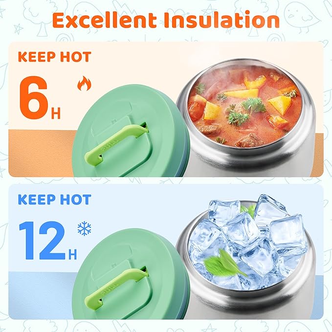 Lunch Box for Kids With 8oz Soup Thermo, Leak-proof Lunch Container with 2 Compartments, Thermo Food Jar Food Containers for Back to School Girls Boys (Green)