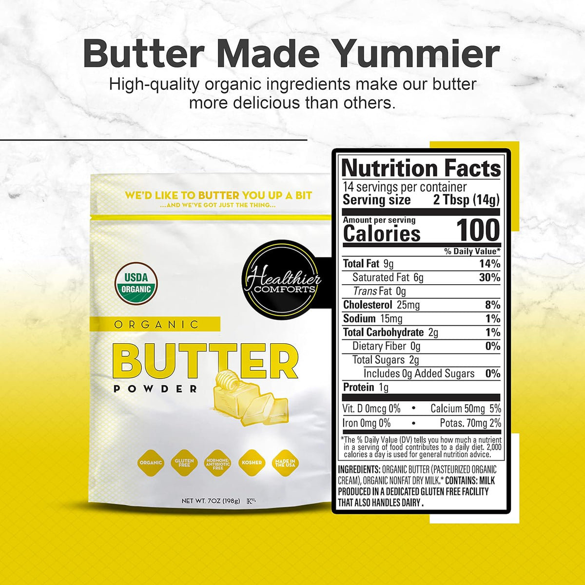 Healthier Comforts Organic Butter Powder | USDA Certified Organic Dehydrated Unsalted Butter | Kosher, Gluten Free, Non-GMO | Popcorn, Baking, Seasoning 7oz