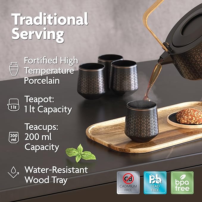Vianté Luxury Tea Set. Electric Kettle with Infuser for Loose Leaf And Ceramic Serving Set. Teapot and Cup Set with Wooden Tray. Excellent Gift Idea For Tea Lovers.