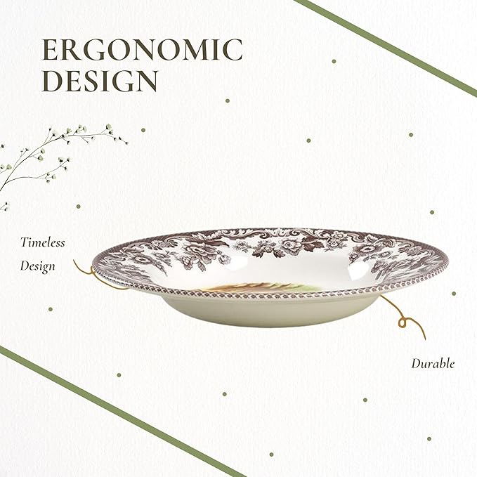 Spode Woodland Pheasant 9" Soup Plate - Rustic Fine Earthenware Bowl with Game Bird Design for Soup, Pasta or Salad - Dishwasher, Microwave, Oven & Freezer Safe - Mix & Match with Woodland or Delamere