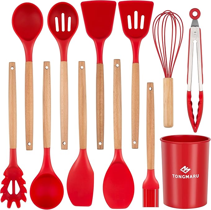 Silicone Cooking Utensils Set, Premium Beech Wood Handle Kitchen Gadgets Utensil Set, Non-Stick Kitchen Utensils Spatula, Tongs, Turner, Whisk, Brush, Spoon, BPA FREE, 446°F Resistant (Red)