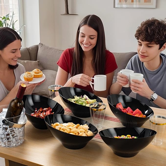 BESTVIP 54oz Black Plastic Serving Bowls for Party - 12 Pack Angled Disposable Serving Bowls, Party Bowls for Chips, Snacks, Fruit, Salad - Catering Bowls for Daily Use, Parties,Halloween, Christmas