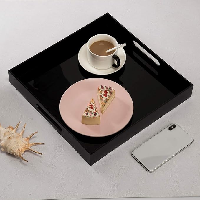 Glossy Black Acrylic Serving Tray - 14x14Inch, Multipurpose, Sturdy, Modern Style, Spill Proof, Countertop Organizer, Vanity Table Tray