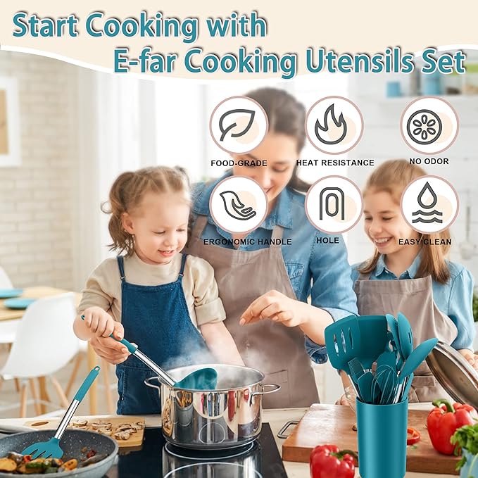 Silicone Cooking Utensils Set, E-far 14-Piece Blue Kitchen Utensils Set with Holder, Kitchen Tools Spatulas with Stainless Steel Handle for Non-stick Cookware, Heat Resistant & Dishwasher safe
