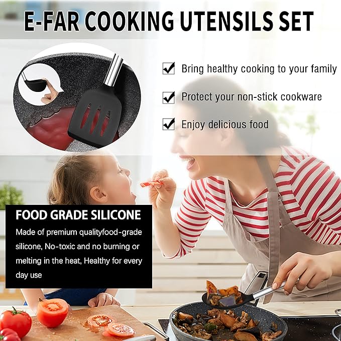 Silicone Cooking Utensils Set, E-far 14-Piece Black Kitchen Utensils Set with Holder, Kitchen Tools Spatulas with Stainless Steel Handle for Non-stick Cookware, Heat Resistant & Dishwasher safe