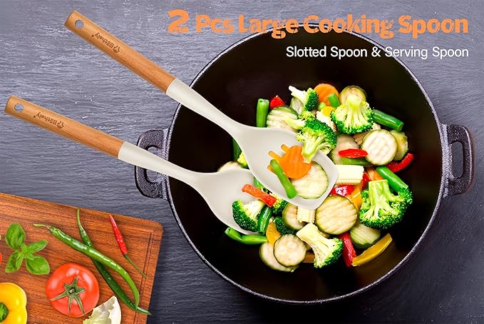Large Silicone Cooking Spoon Set, 2 Pack Solid Slotted Spoon with Wooden Handle, Nonstick Silicone Kitchen Spoons for Cooking, Heat Resistan Spatula Set for Serving, Basting, Mixing (White)