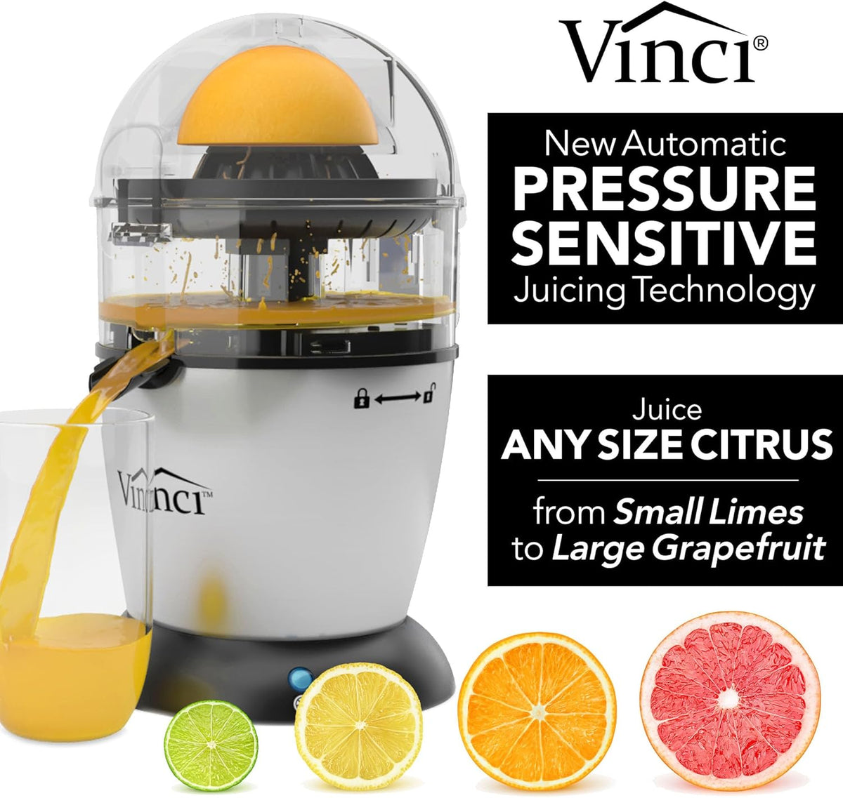 Vinci Hands Free Electric Citrus Juicer, 1-Button Juicer Machine, Orange Lime Grapefruit Lemon Squeezer, Easy to Clean Orange Juicer Squeezer, Black/Stainless Steel