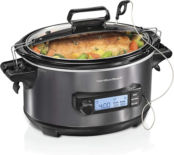Hamilton Beach Portable 6 Quart Set & Forget Digital Programmable Slow Cooker with Lid Lock, Temperature Probe, Dishwasher Safe Crock & Lid, Black Stainless (33866)