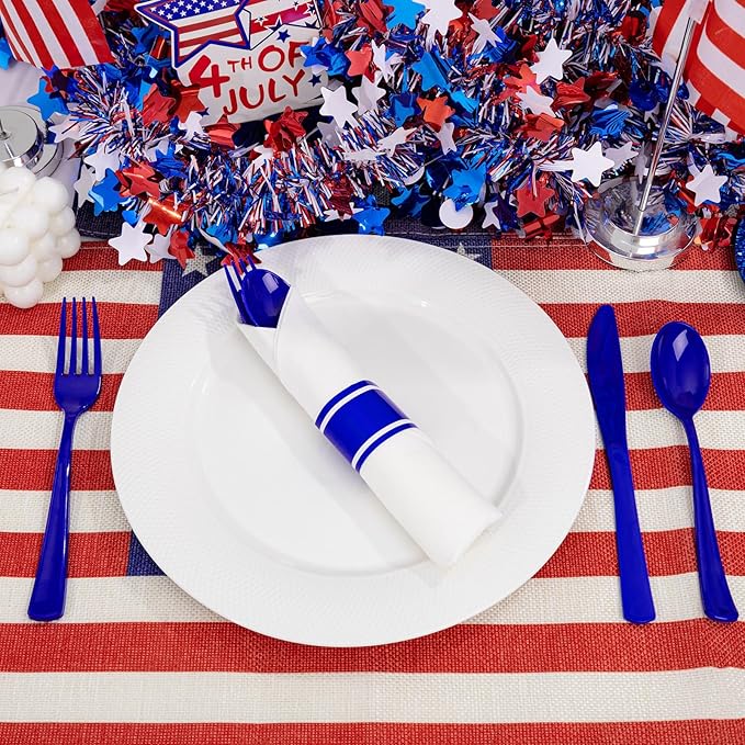 Liacere 100Pack Pre Rolled Blue Silverware and Napkin - Disposable Blue Plastic Utensils-Wrapped Plastic Cutlery Set with Napkin:100 Forks,100 Knives,100 Spoons,100 Napkins for Wedding&New Year