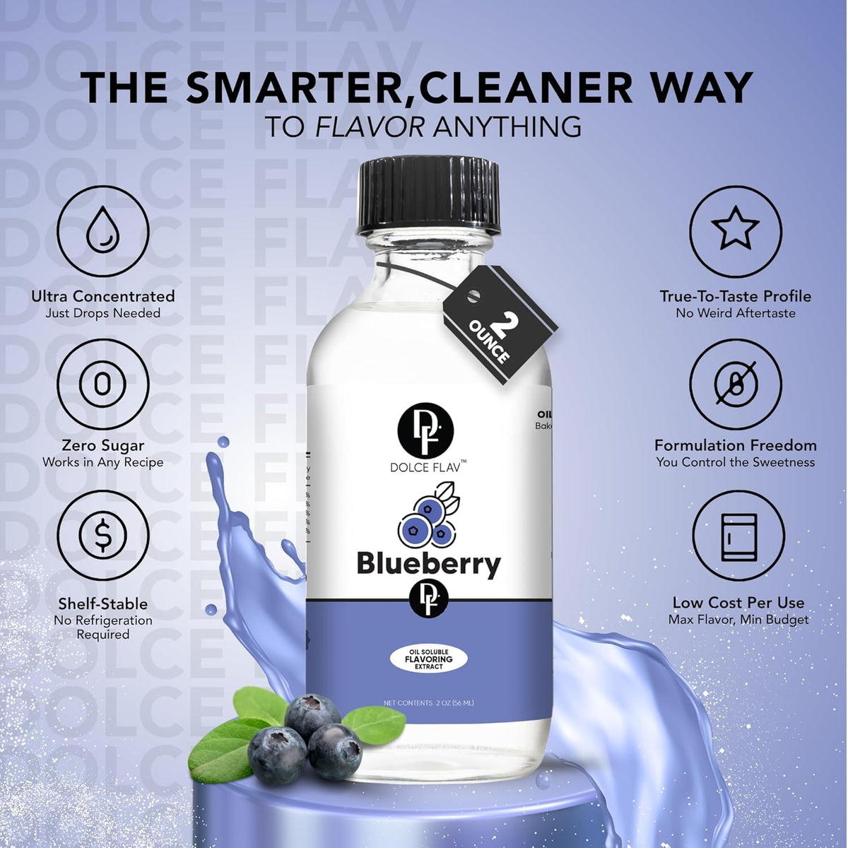 Dolce Flav Blueberry Extract – 2 Ounce Oil-Soluble Kosher, Sugar-Free, Concentrated Ripe Blueberry Flavoring for Baking, Chocolates & Desserts, Includes Measured Dropper