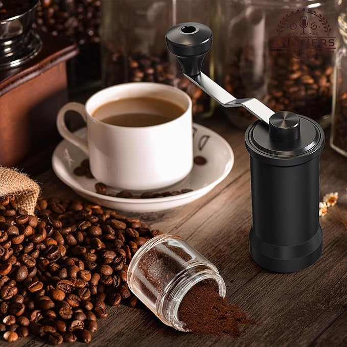 Manual Coffee Grinder Hand Coffee Bean Grinder Burr Grinder, Adjustable Coarseness Ceramic Burr Glass Jar Stainless Steel Crank Brush, for Espresso French Press Drip, Moulin à Café Manuel