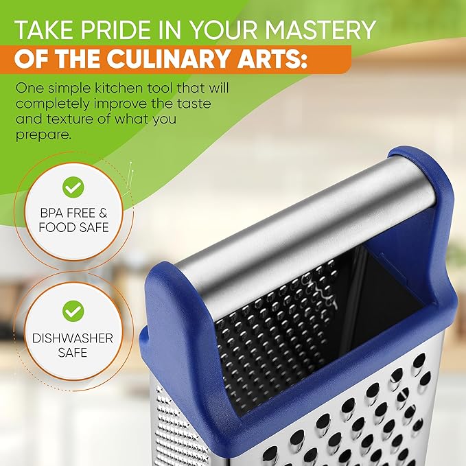 Spring Chef Stainless Steel XL Parmesan Cheese Grater with Handle - 4 Sided Metal Box Grater for Kitchen - Dishwasher Safe Potato Shredder for Hash Browns, Potato, Carrot, Vegetables - Sapphire