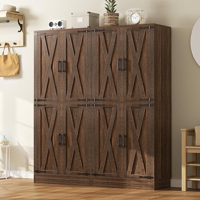 Unikito Kitchen Pantry Cabinet with Farmhouse Barn Doors and Storage Drawer, 8 Adjustable Shelves, Freestanding Tall 71" Cupboard for Dining Room, Living Room, Utility Room, Weathered Brown 2 Pack