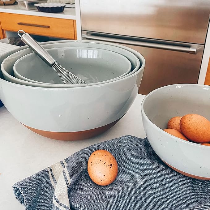 Mora Ceramic Large Mixing Bowls - Set of 2 Nesting Bowls for Cooking, Serving, Popcorn, Salad etc - Microwavable Kitchen Stoneware, Oven, Microwave and Dishwasher Safe - Extra Big 2.5 & 1.6 Qt - Grey