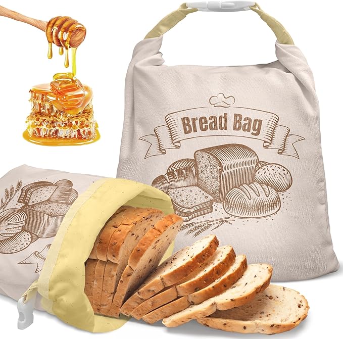 Cotton Beeswax Bread Bag (2 Pack) Reusable Double-Lock Freezer Safe for Homemade Sourdough Bread Food Storage Gifts for Sourdough Bakers (Pattern 2)