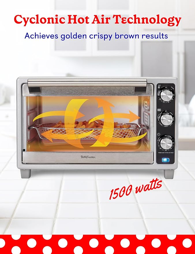 Betty Crocker Air Fryer Convection Toaster Oven, Multifunction 6-Slice Toaster and Air Fryer Oven, 0.8 Cu. Ft. 6 Slice Capacity AirFryer Toaster Oven Combo, 7 Function Convection Oven,Silver