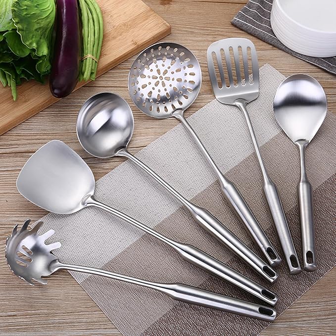 Cooking Utensils Set Stainless Steel Kitchen Metal Serving Utensils Set of 6 Pcs-Wok Spatula Ladle Set, Slotted Skimmer, Pasta Server, Serving Spoon, Slotted Spatula Tunner,Dishwasher Safe