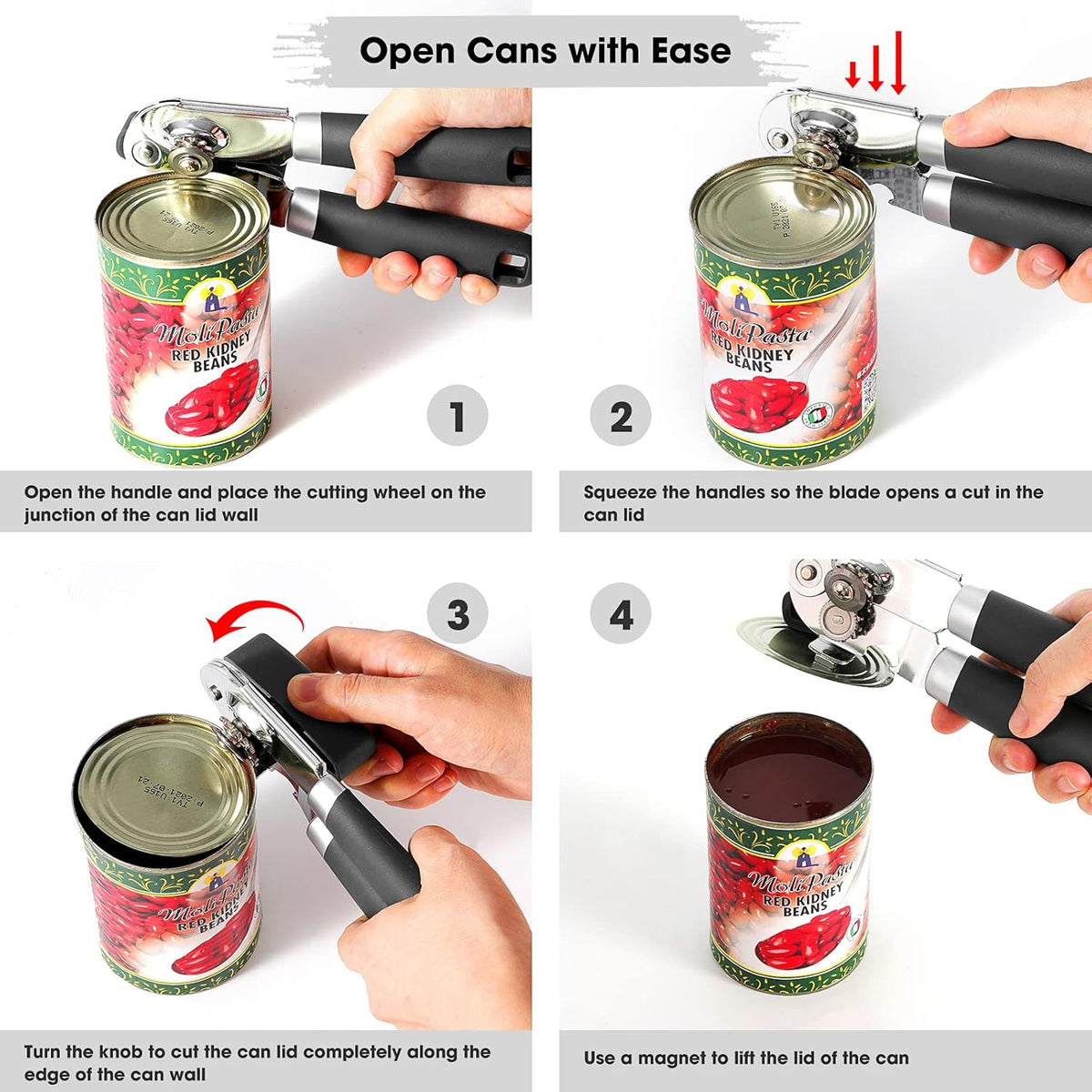 Beneno Can Opener Manual with Magnet, Hand Held Heavy Duty Can Opener with Durable Sharp Blade Smooth Edge, Big Effort-Saving Knob, Soft Grip Rubber Handle, Multifunctional Bottle Opener, Black