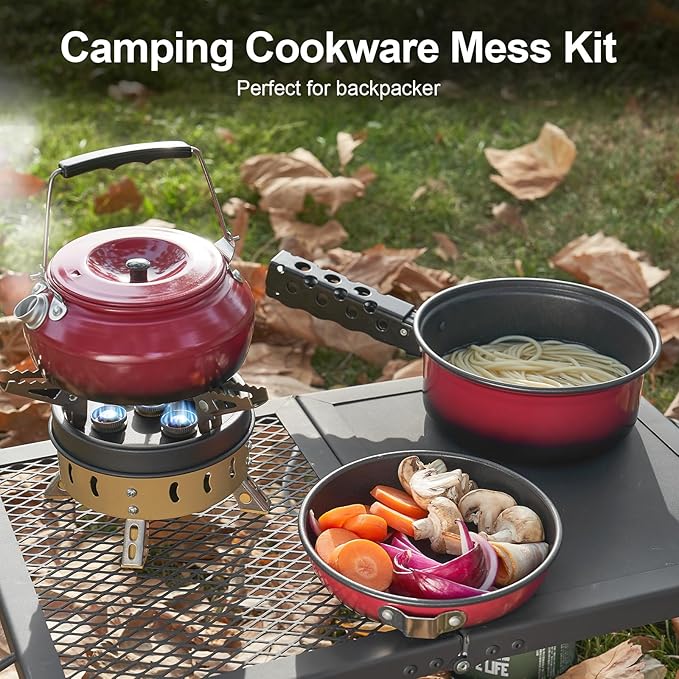 Odoland 5pcs Camping Cookware Non-Stick Camping Pot and Pan Set with Kettle and Removable Handle for Hiking Backpacking and Picnic